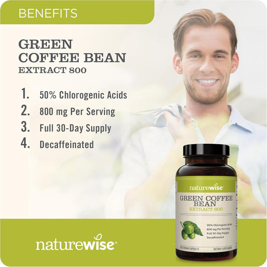 Naturewise Green Coffee Bean Extract - Pure Green Coffee Bean Capsules 800Mg With 50% Chlorogenic Acid Support For Weight Goals, Energy, And Antioxidant - Vegan, Non-Gmo - 60 Capsules[1-Month Supply]