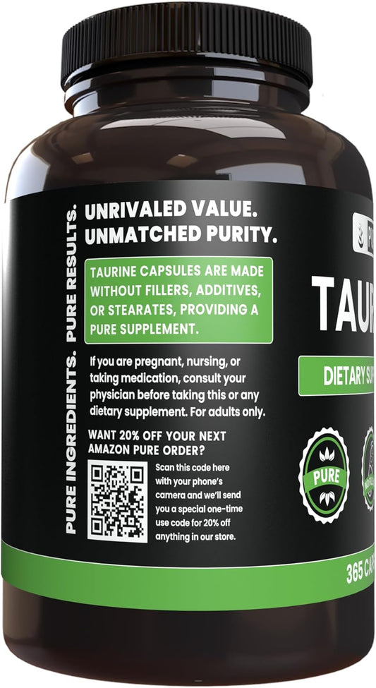 Pure Original Ingredients Taurine No Magnesium Or Rice Fillers, Always Pure, Lab Verified (365 Capsules)