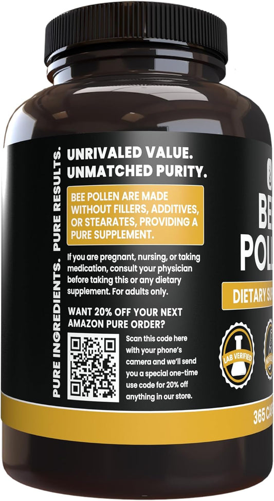 Pure Original Ingredients Bee Pollen (365 Capsules) No Magnesium Or Rice Fillers, Always Pure, Lab Verified