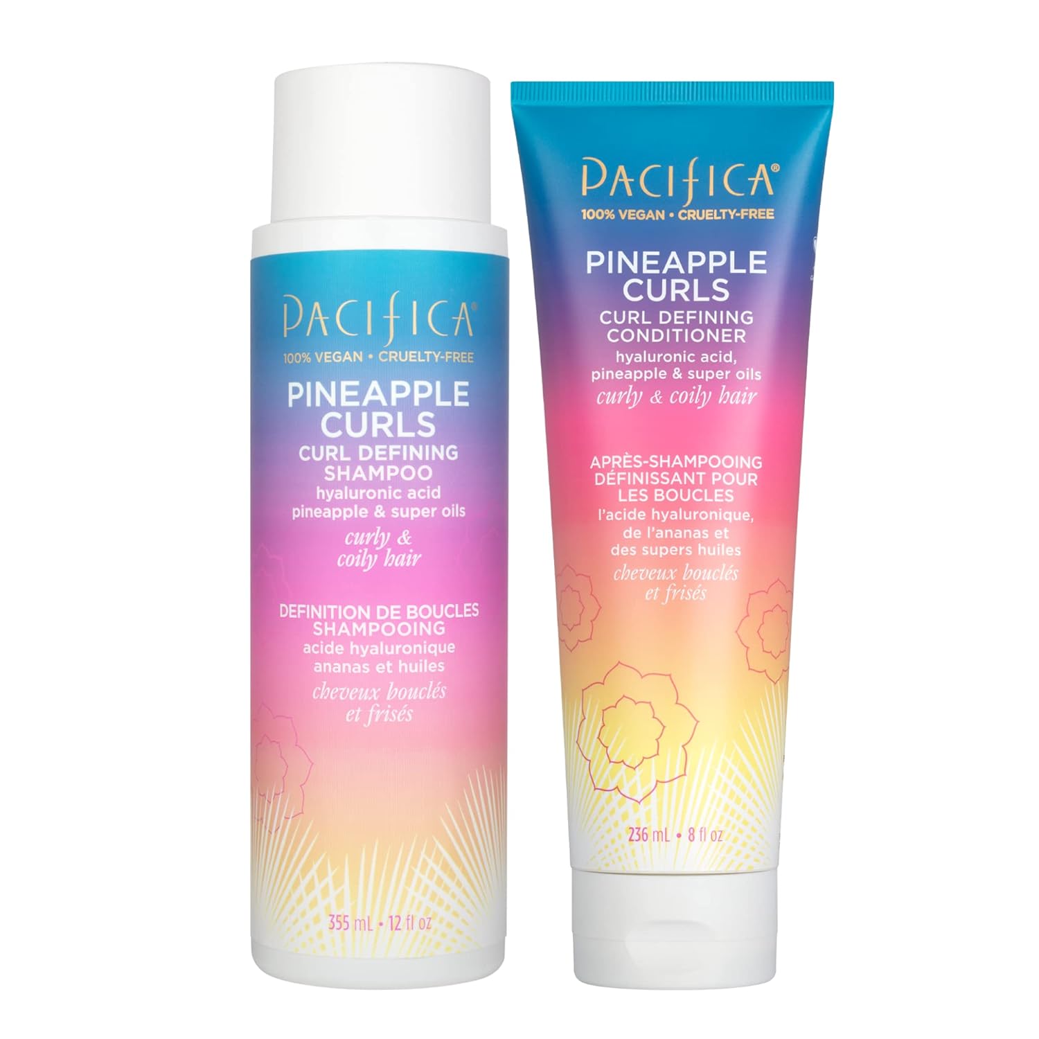 Pacifica Beauty Pineapple Curls Curl Defining Shampoo And Conditioner Set, Haircare, Hyaluronic Acid, Coconut Oil, No Frizz, For Curly Coily Hair, Sulfate Free, Vegan, 12 Fl Oz And 8 Fl Oz (Set Of 2)