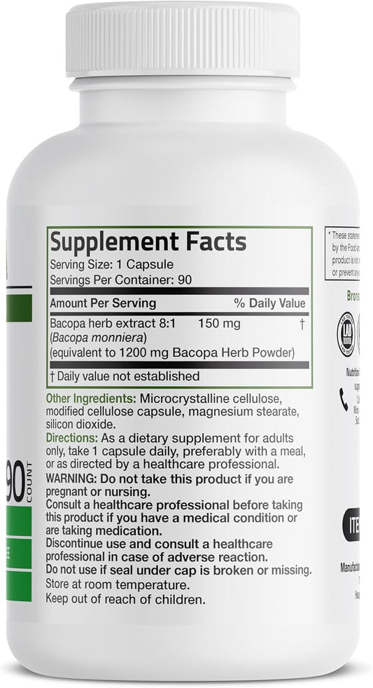 Bronson Bacopa (1200Mg Equivalent From 8:1 Extract) Supports Healthy Brain Function And Mental Performance, Traditional Herb, Non-Gmo, 90 Vegetarian Capsules