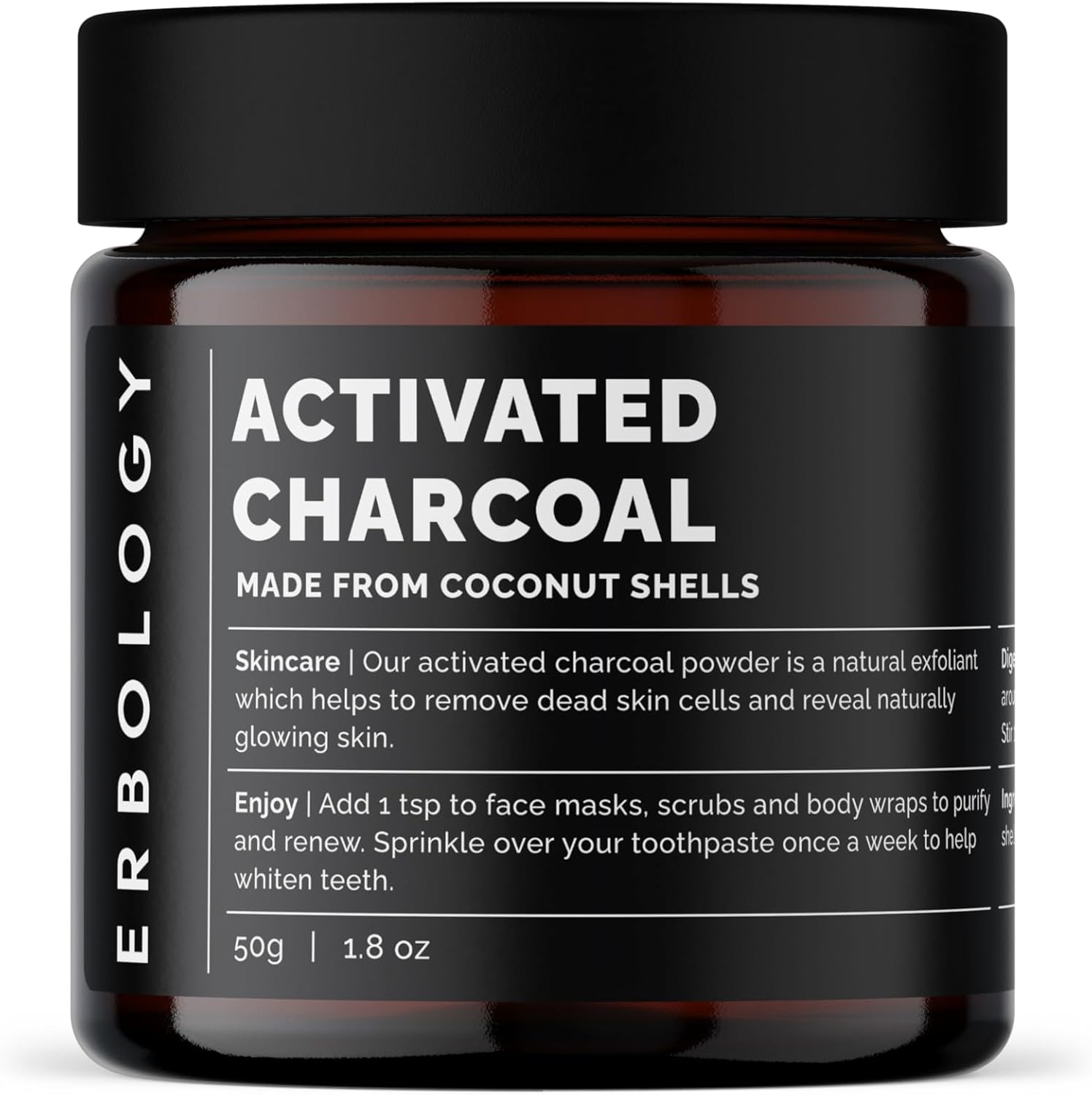 Erbology Activated Charcoal Powder 1.8 Oz - Teeth Whitening - Add To Face Masks, Toothpaste And Body Wraps For Natural Exfoliation - Natural Digestive Aid - Vegan - Recyclable Glass Jar