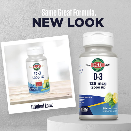 KAL Vitamin D-3 5000 IU ActivMelt, Instant Dissolve, Natural Lemon Lime Flavor, Healthy Immune Function & Bone Support, 90 Servings, 90 Micro Tablets