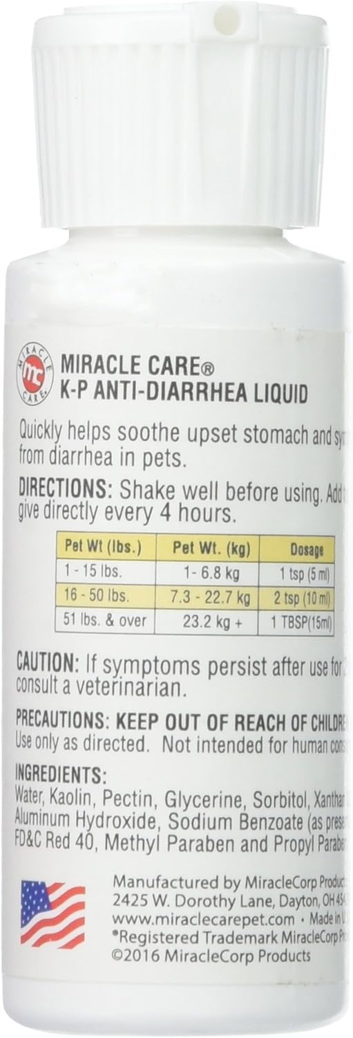 Miracle Care Anti Diarrhea Liquid, Relief For Dogs And Cats, 2 Ounce, Kaolin And Pectin Soothes Upset Stomach