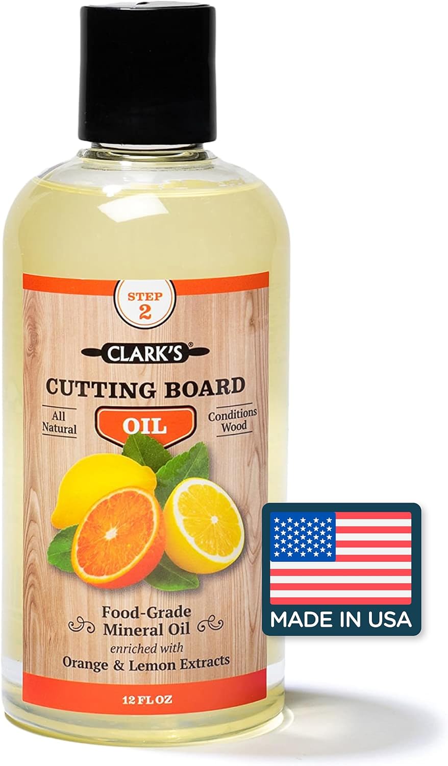 CLARK'S Cutting Board Oil - Food Grade Mineral Oil for Cutting Board - Enriched with Lemon and Orange Oils - Butcher Block Oil and Conditioner - Mineral Oil - Restores and Protects All Wood - 12oz