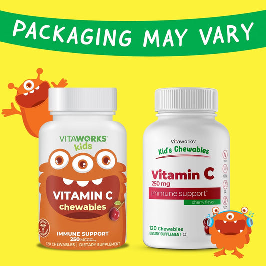 Kids Vitamin C Chewable Tablets 250mg - Tasty Natural Cherry Flavor - Vegan, GMO-Free, Gluten Free, Nut Free Vitamins - Dietary Supplement for Immune Support - for Children - 120 Chewables