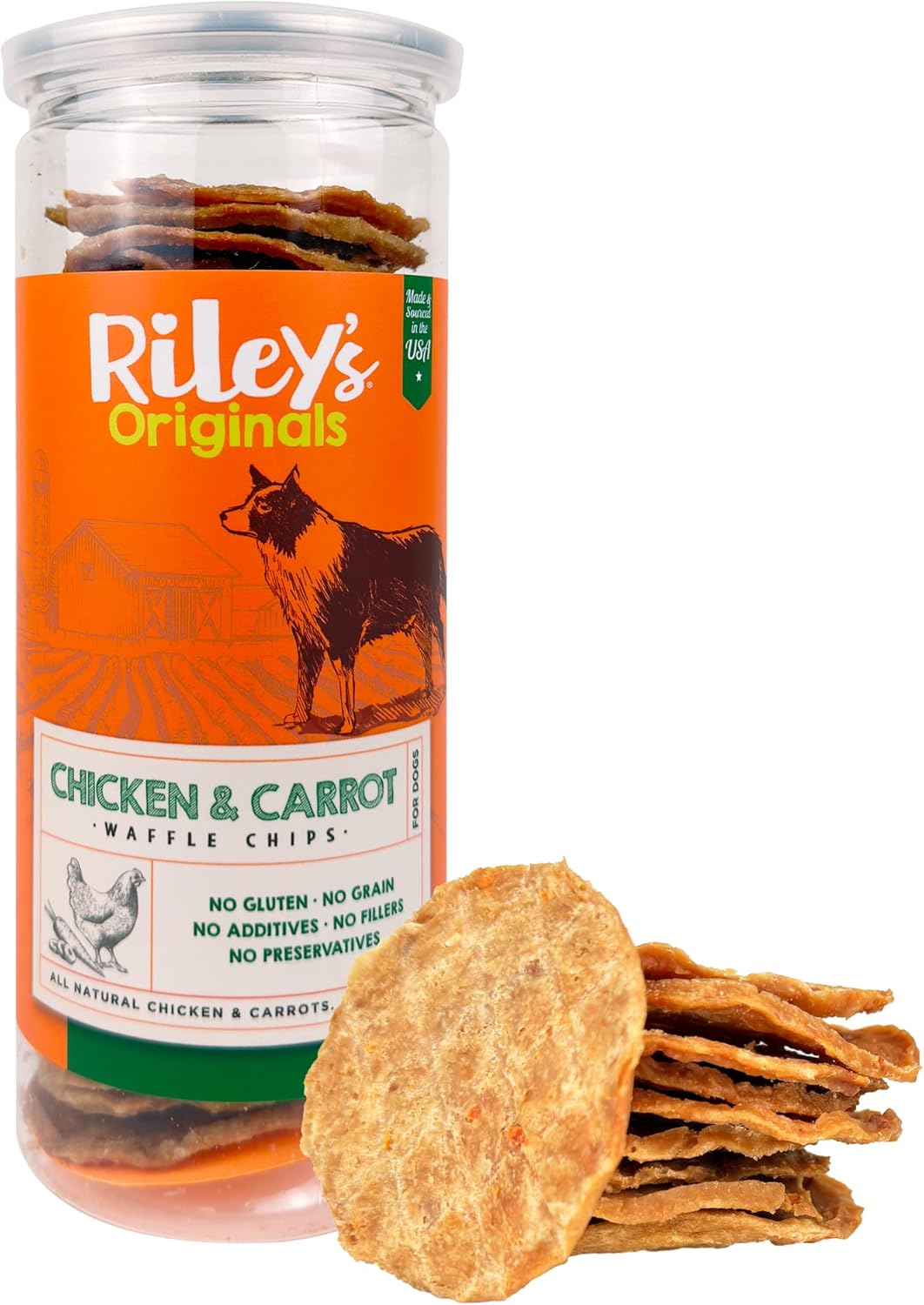 Riley'S Waffles Chicken Chips For Dogs W Carrots - Usa Sourced Chicken Dog Treats, Limited Ingredient Dog Treats, Dehydrated Jerky Treats Made In Usa