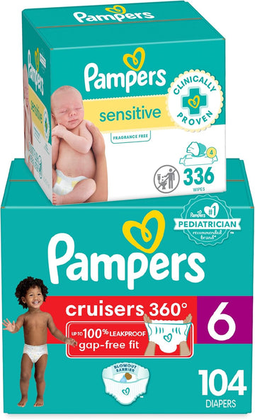 Pampers Pull On Cruisers 360° Fit Disposable Baby Diapers Size 6, One Month Supply (104 Count) With Sensitive Water Based Baby Wipes 4X Pop-Top Packs (336 Count)