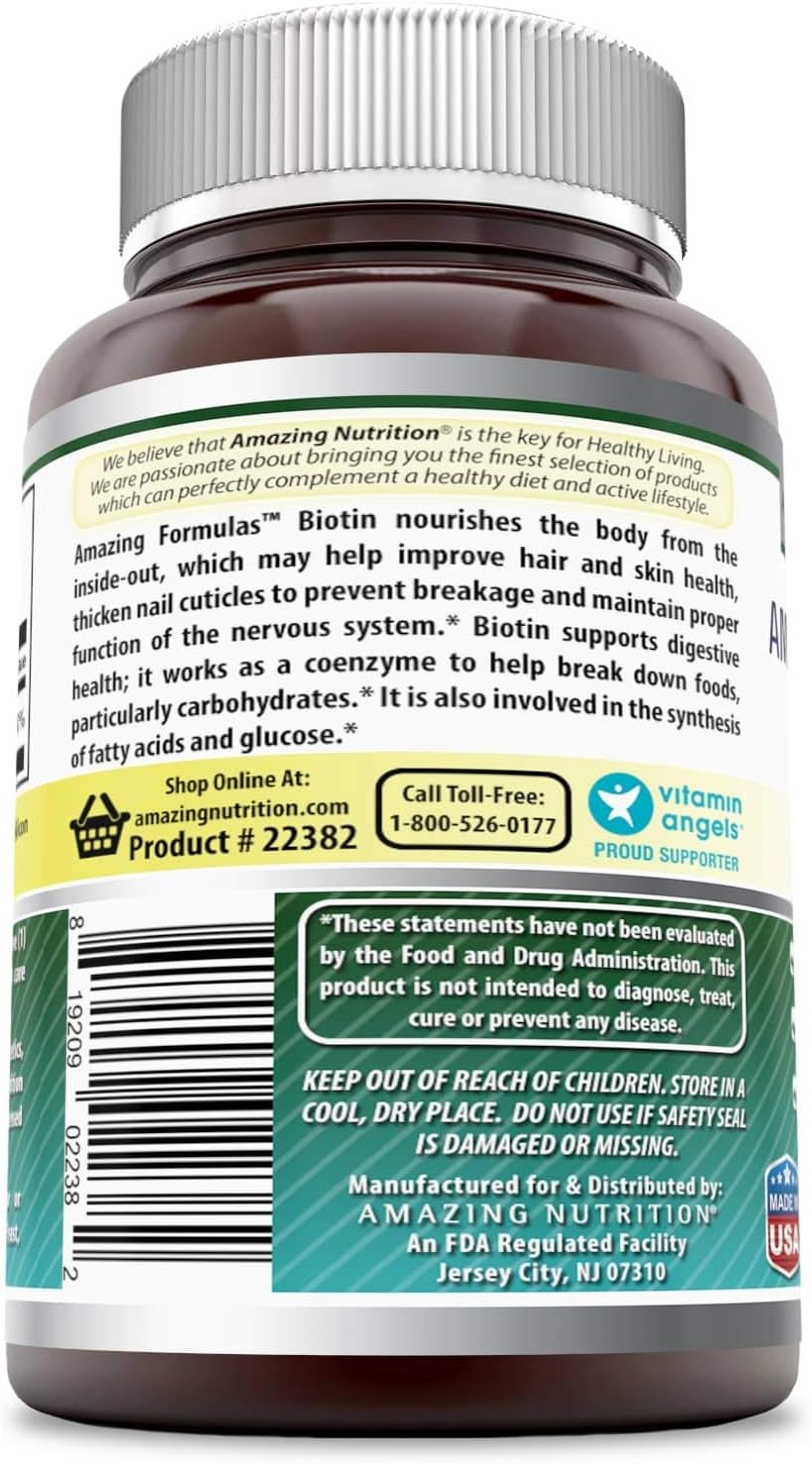 Amazing Formulas Biotin 15000 mcg - Supports Healthy Hair, Skin & Nails - Promotes Cell Rejuvenation - Supports Healthy Metabolism & Digestive Health (100 Capsules) (Non-GMO, Gluten-Free)