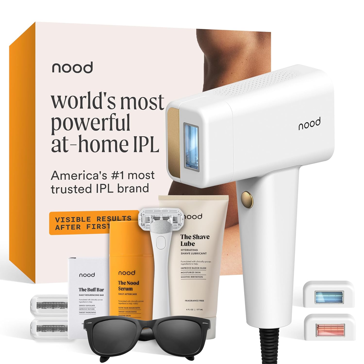 New Nood™ Flasher Pro Kit — Ipl Laser Hair Removal Device For Women & Men + Refillable 5-Blade Shaving Razor Kit + Exfoliating Buff Bar + Hydrating Shave Lube + After Shave Serum — Device T16A