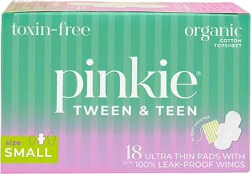 Pinkie Period Pads for Tweens & Teens - Designed for Smaller Underwear - Organic Cotton Topsheet Teen Pads with Wings - Chlorine Free & Fragrance Free - Teen Small, 18 Count