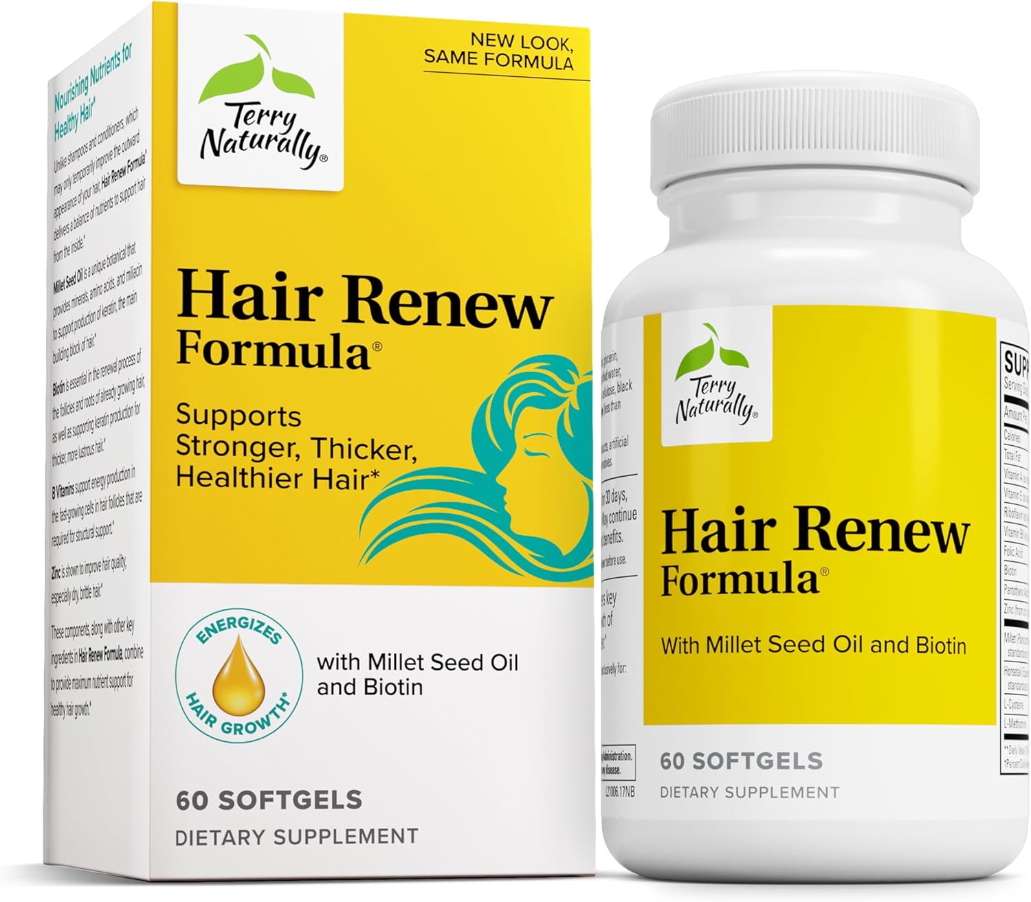 Terry Naturally Hair Renew Formula - 60 Softgels - Supports Healthy Hair Growth, Nourishes Thinning Hair, Contains Millet Seed Oil, Horsetail, Biotin & Folic Acid - Gluten-Free - 30 Servings