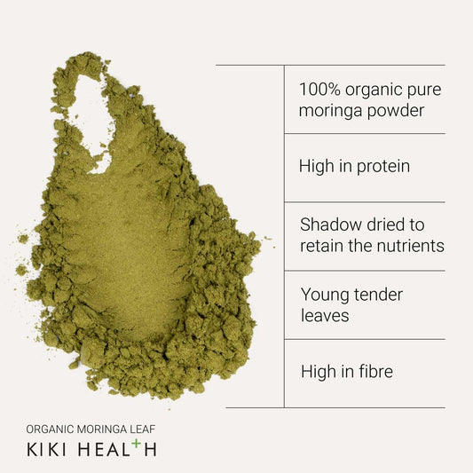 Kiki Health Premium Organic Moringa Leaf Powder - Certified Superfood With Essential Vitamins & Sustainably Sourced For Healthy Living - Conveniently Blends Into Smoothies & Dishes - 100G