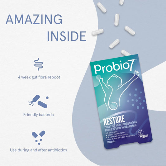 Probio7 Restore | 30 Day Gut Restore Programme For Antibiotic Recovery | 9 Live Strains | Gut Health Supplements, Probiotics For Gut Repair | 30 Vegan Capsules