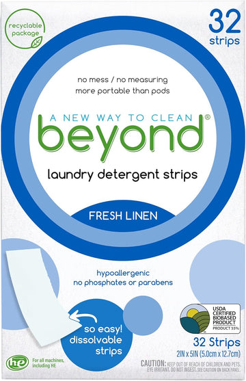 Beyond Laundry Detergent Strips [32 Strips] - Fresh Linen - Eco-Friendly, Hypoallergenic. Travel Friendly. Dissolvable Strips