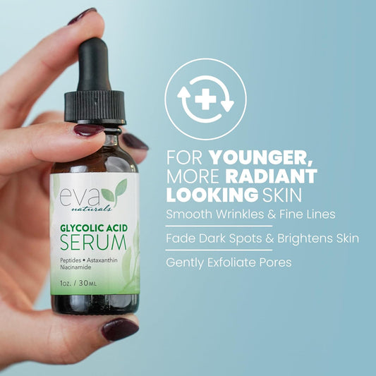 Eva Naturals Glycolic Acid Serum - Anti-Aging Vitamin C & Hyaluronic Acid Skin Brightening Formula Helps To Minimize & Exfoliate Pores, Reduce Fine Lines, Wrinkles, Acne Scarring & Breakouts - 1 Oz