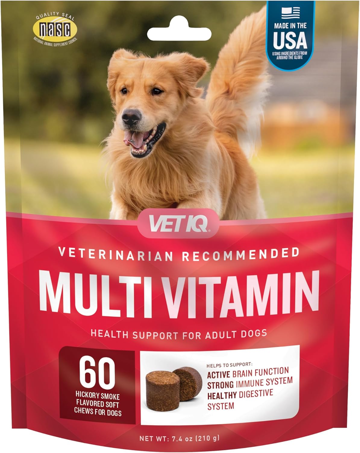 Vetiq Multivitamin Supplement For Dogs, Supports Active Brain Function, Immune System, And Digestive System, Hickory Smoke Flavored Dog Multivitamin, Made In The Usa, 60 Count