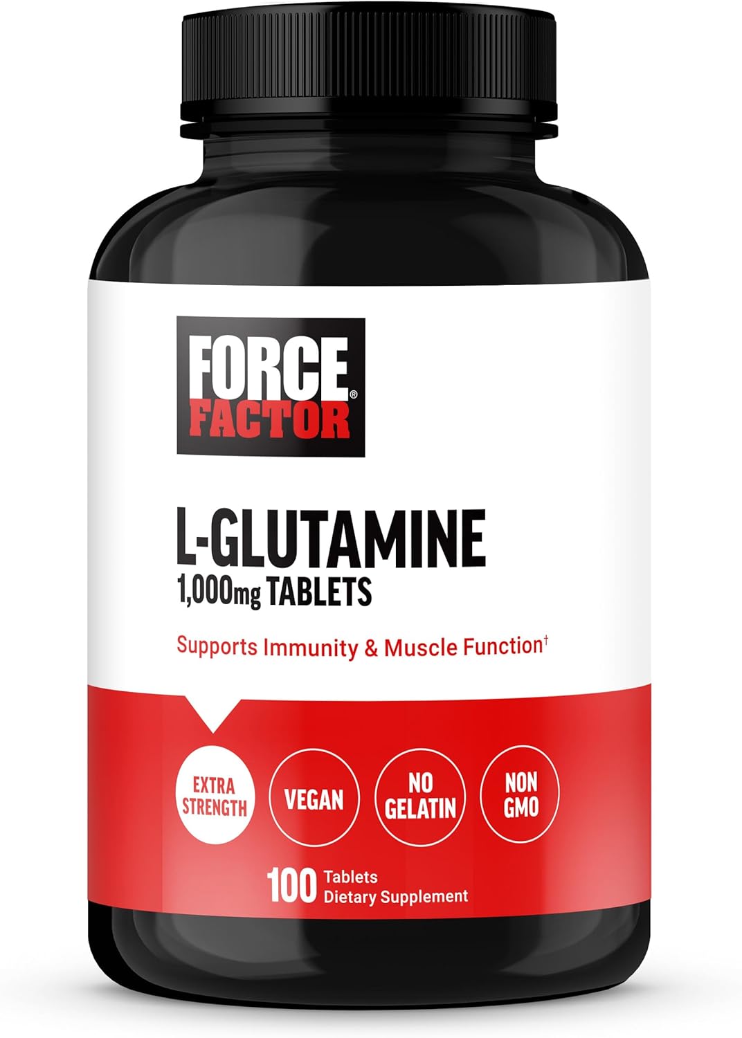 FORCE FACTOR L-Glutamine 1000mg Tablets, Glutamine for Muscle Recovery, Healthy Muscle Function, and Immunity, Vegan, Non-GMO, 100 Tablets