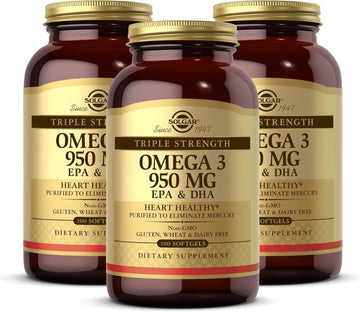 Solgar Triple Strength Omega 3 950 mg - 100 Softgels, Pack of 3 - Supports Cardiovascular, Joint & Skin Health - Non-GMO, Gluten Free, Dairy Free - 300 Total Servings