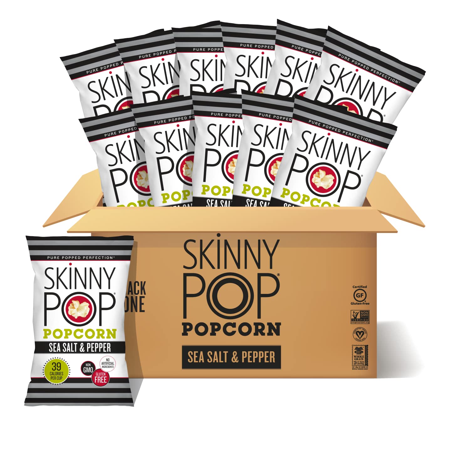 Skinnypop Sea Salt & Pepper Popcorn, Gluten Free, Non-Gmo, Healthy Popcorn Snacks, Skinny Pop, 4.4Oz Grocery Size Bags (12 Count)