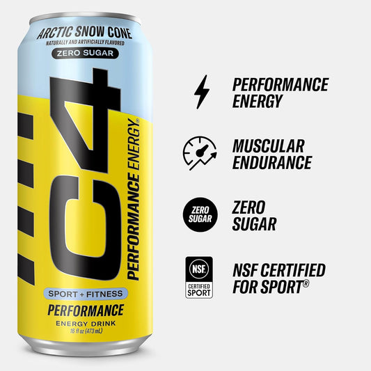 C4 Performance Energy Drink | Zero Sugar Carbonated Preworkout Energy | 200Mg Caffeine With Beta Alanine | Artic Snow Cone | 16 Fl Oz (12 Pack)