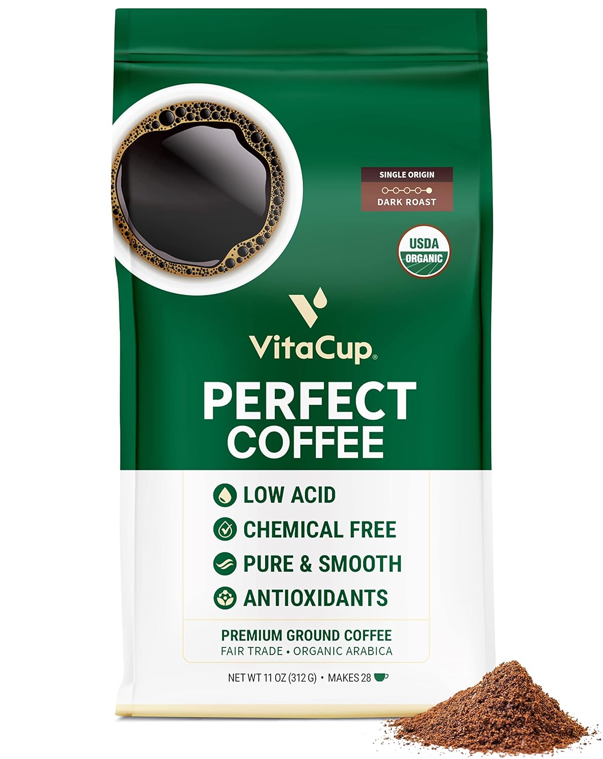 Vitacup Perfect Low Acid Coffee Beans, 11Oz & Perfect Low Acid Ground Coffee, 11 Oz Bundle | Dark Roast, Usda Organic & Fair Trade, Mycotoxin Free, Single Origin