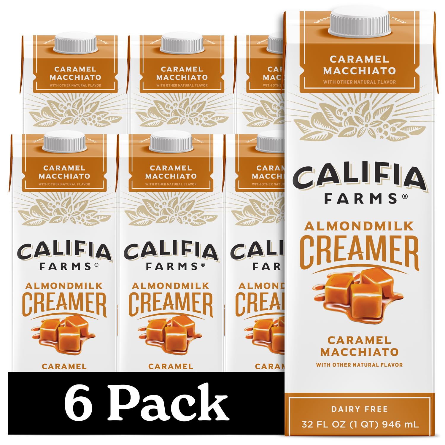 Califia Farms - Caramel Macchiato Almond Milk Coffee Creamer, 32 Fl Oz (Pack Of 6), Shelf Stable, Dairy Free, Plant Based, Vegan, Gluten Free, Non Gmo, Almond Creamer