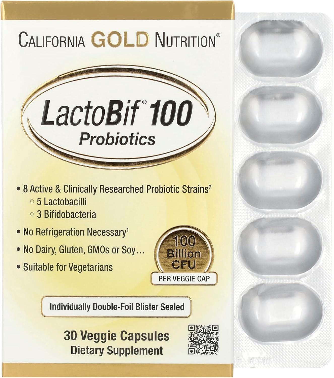 Lactobif Probiotics, 100 Bllion Cfu, 8 Active & Clinically Researched Probiotic Strains, Soy-Free, Sugar-Free, Vegetarian, Individually Double-Foil Blister Sealed, 30 Veggie Capsules