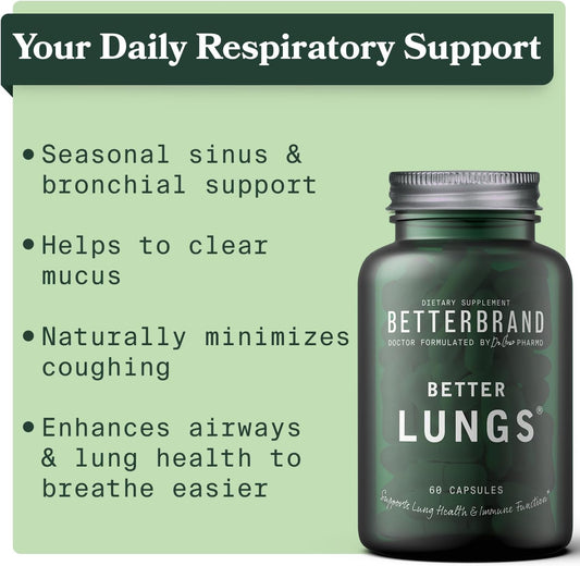 Betterbrand BetterLungs Daily Respiratory Health Supplement | with Mullein Leaf, Elderberry, Vitamin D, Ginseng and Reishi Mushroom | Lung Health, Allergy, Sinus, and Mucus Relief (60 Capsules)