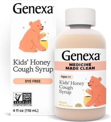 Genexa Kids’ Organic Honey Cough Syrup, Dye Free, 0% Artificial Additives, Children'S Cough Remedy For Kids 2-11, Soothing Natural Honey Flavor, Gluten Free, & Non-Gmo 4 Fl Oz