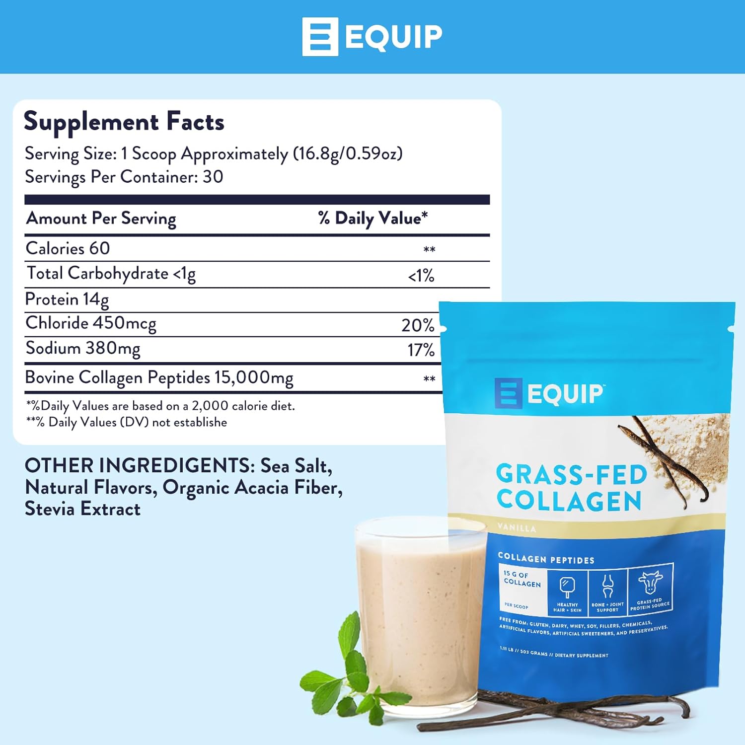 Equip Foods Grass Fed Collagen - 100% Hydrolyzed Bovine Collagen Peptides with Amino Acids - Prime Beef Collagen for Healthy Joints, Skin & Nails - Non-GMO, Paleo Friendly, 1.11 Pound, Vanilla : Health & Household