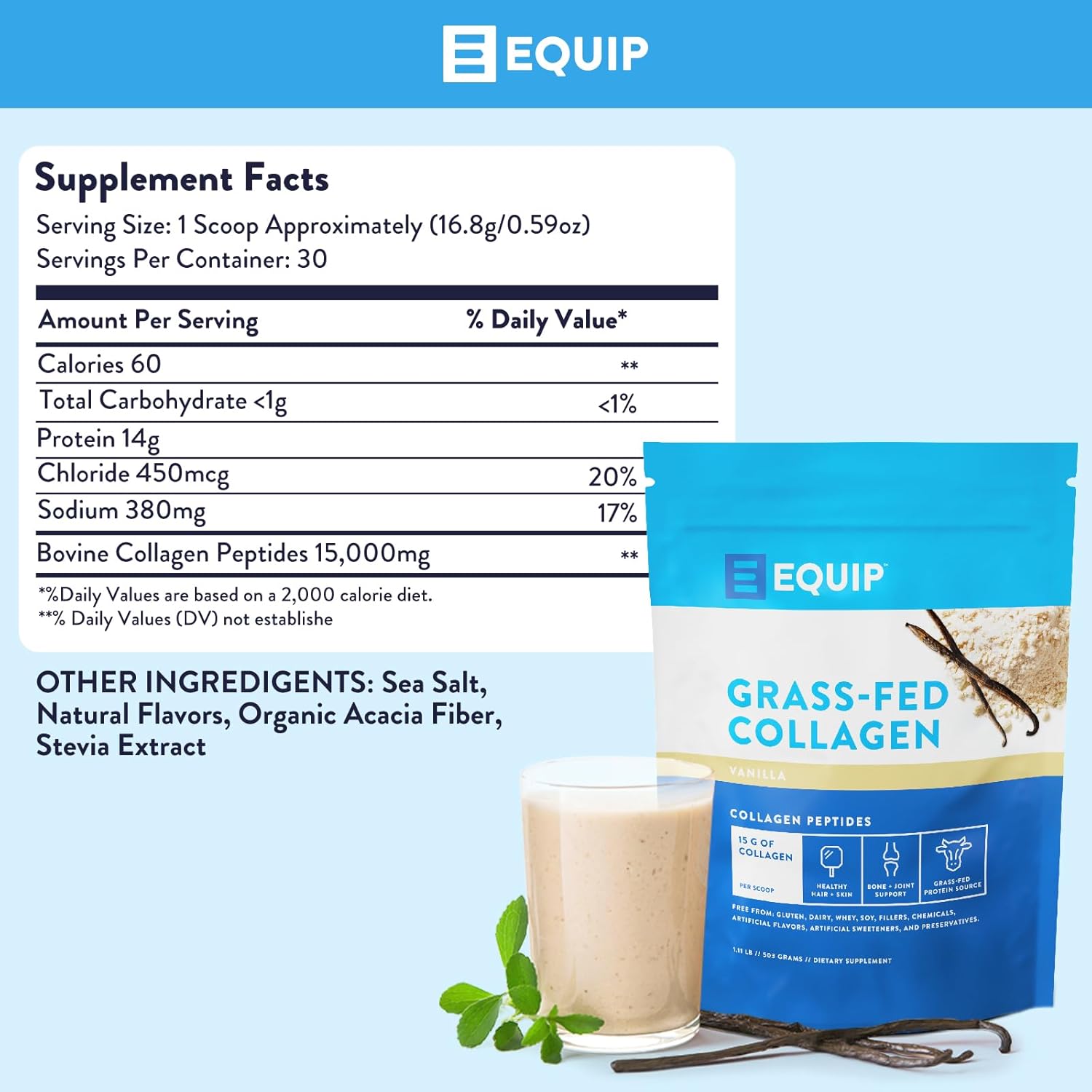 Equip Foods Grass Fed Collagen Powder | Hydrolyzed Bovine Collagen Peptides With Amino Acids | Prime Beef Collagen For Healthy Joints, Skin & Nails | Non-Gmo, Paleo Friendly | 30 Servings, Vanilla : Health & Household