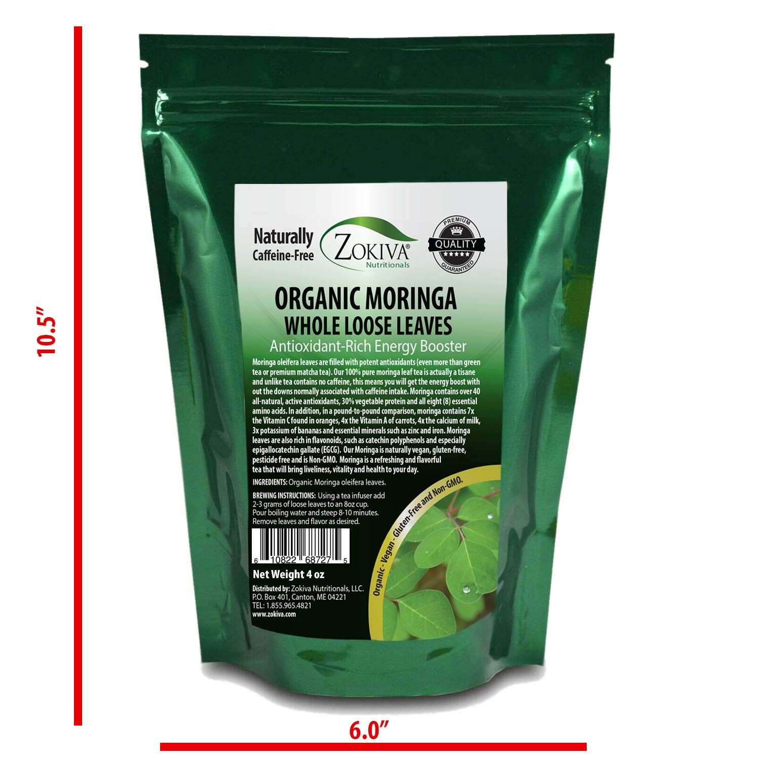 Zokiva Nutritionals - Moringa Leaves 4 Oz X 3-Pack Organic Loose Dried Moringa Leaf Tea - Drumstick Leaves - A Natural Caffeine - Free Source For Vitamins, Minerals & Antioxidants - In Zip Lock Pouch : Grocery & Gourmet Food