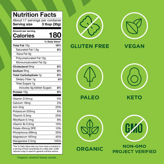 Manitoba Harvest Organic Hemp Seeds, 18Oz, 10G Plant Based Protein And 12G Omega 3 & 6 Per Srv, Smoothies, Yogurt & Salad, Non-Gmo, Vegan, Keto, Paleo, Gluten Free