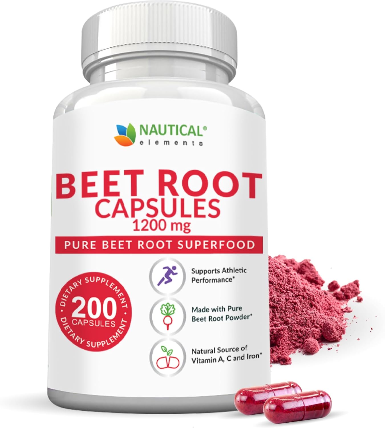 Beet Root Capsules - 1200Mg Per Serving - 200 Beet Root Powder Capsules - Beetroot Powder Supports Blood Pressure, Athletic Performance, Digestive, Immune System (Pure, Non-Gmo & Gluten Free