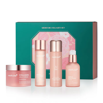 Medicube Glass Glow Skin Collagen Set | Gifts Box For Women Men | 4 Step with Collagen Toner, Bubble Serum, Serum, Jelly Cream | Niacinamide, Collagen & Hyaluronic Acid | Skin Radiance & Elasticity