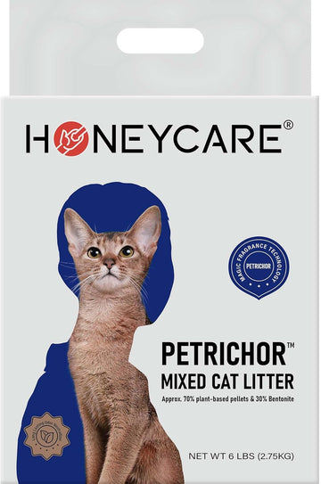Honey Care Petrichor Mix Cat Litter I Tofu Cat Litter I Nature Plant-Based Pellets And Bentonite Sustainable I Low-Dust Qucik Clumping Superior Odor Control, 6 Lbs