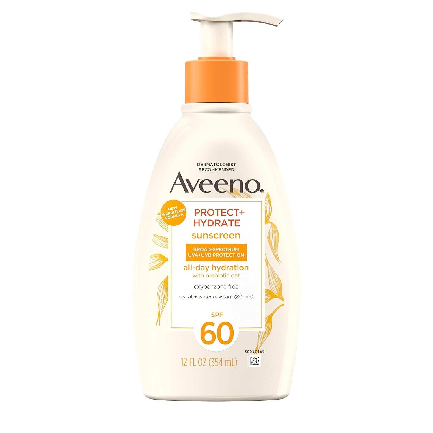 Aveeno Protect + Hydrate Sunscreen Moisturizing Body Lotion With Broad Spectrum Spf 60 And Prebiotic Oat, Weightless, Paraben, Oxybenzone, And Oil Free Sunscreen, 12 Fl Oz