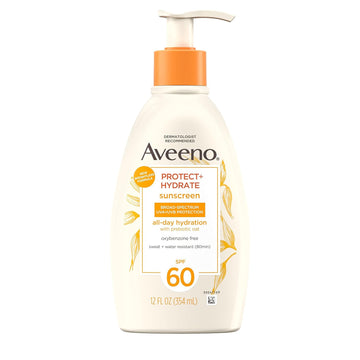 Aveeno Protect + Hydrate Sunscreen Moisturizing Body Lotion With Broad Spectrum Spf 60 And Prebiotic Oat, Weightless, Paraben, Oxybenzone, And Oil Free Sunscreen, 12 Fl Oz