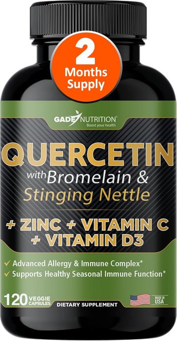 Quercetin With Vitamin C And Zinc - Nettle Quercetin - Quercetin 500Mg - Quercetin With Bromelain - Zinc Quercetin + Vitamin D3 - 120 Veggie Caps - (Non-Gmo, Gluten-Free, Vegan) - 2 Month Supply