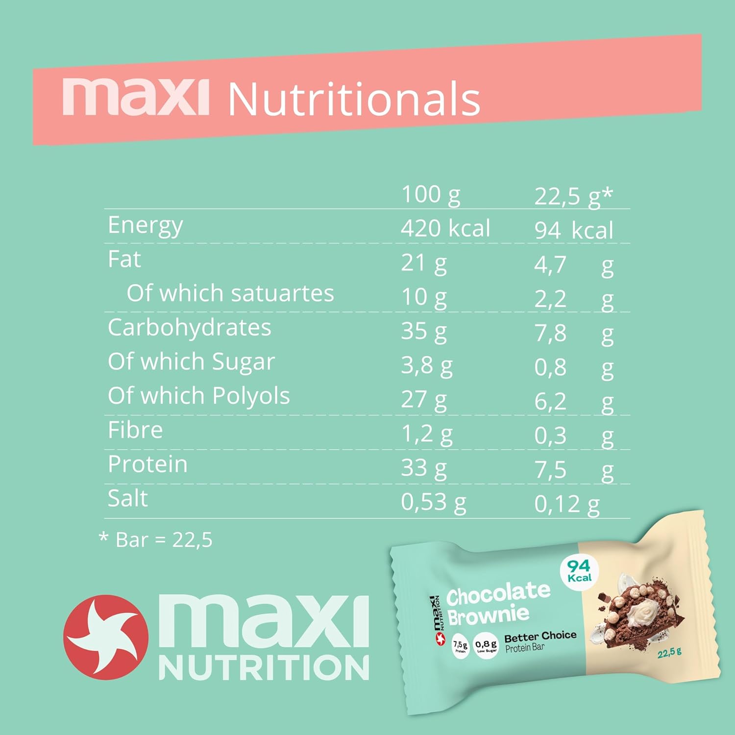 MaxiNutrition Better Choice Protein Bar Chocolate Brownie, 15x 22.5g, 7.5g protein content, low in calories, 94kcal protein bar : Amazon.co.uk: Grocery