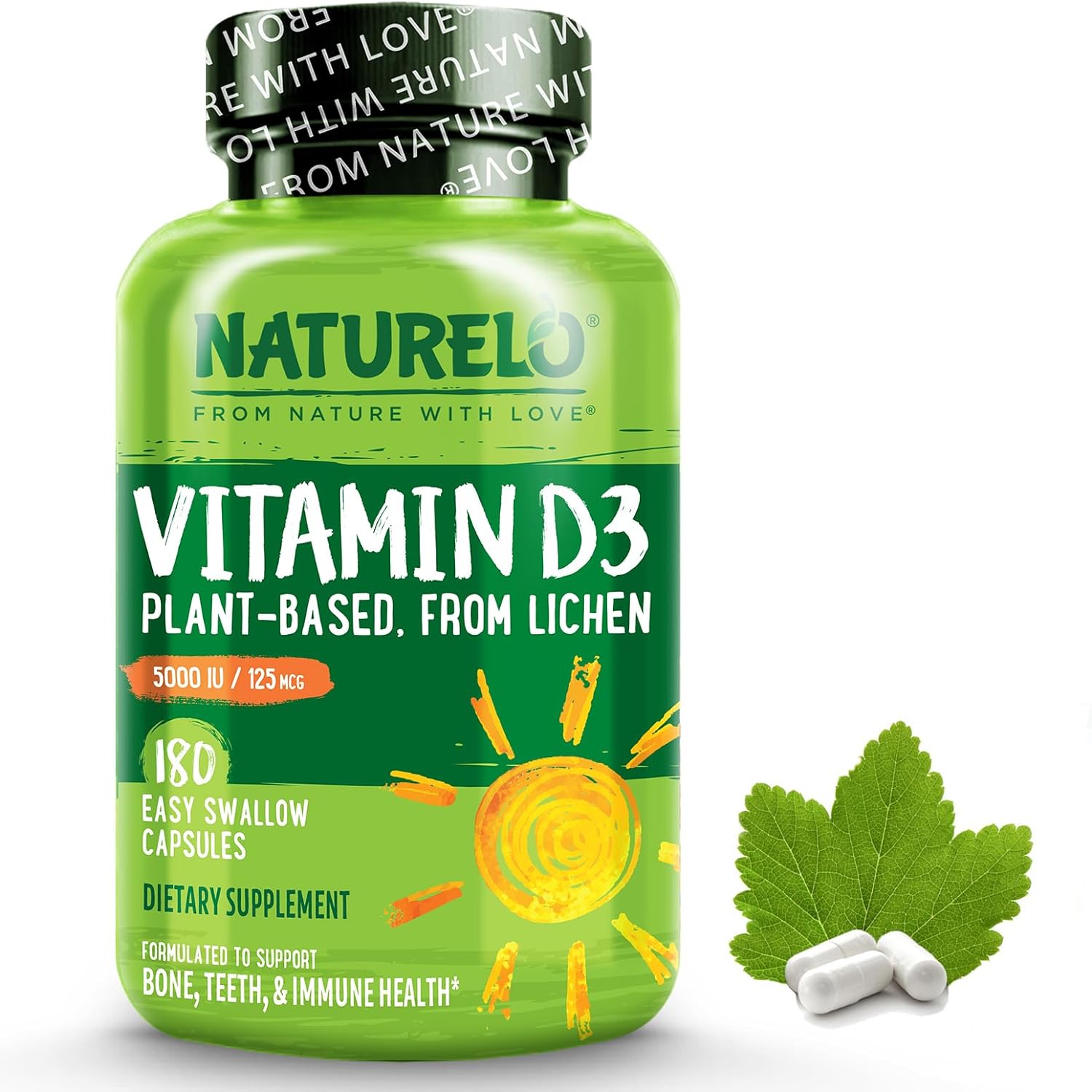 Naturelo Vitamin D - 5000 Iu - Plant Based From Lichen - Natural D3 Supplement For Immune System, Bone Support, Joint Health - High Potency - Vegan - Non-Gmo - Gluten Free - 180 Capsules