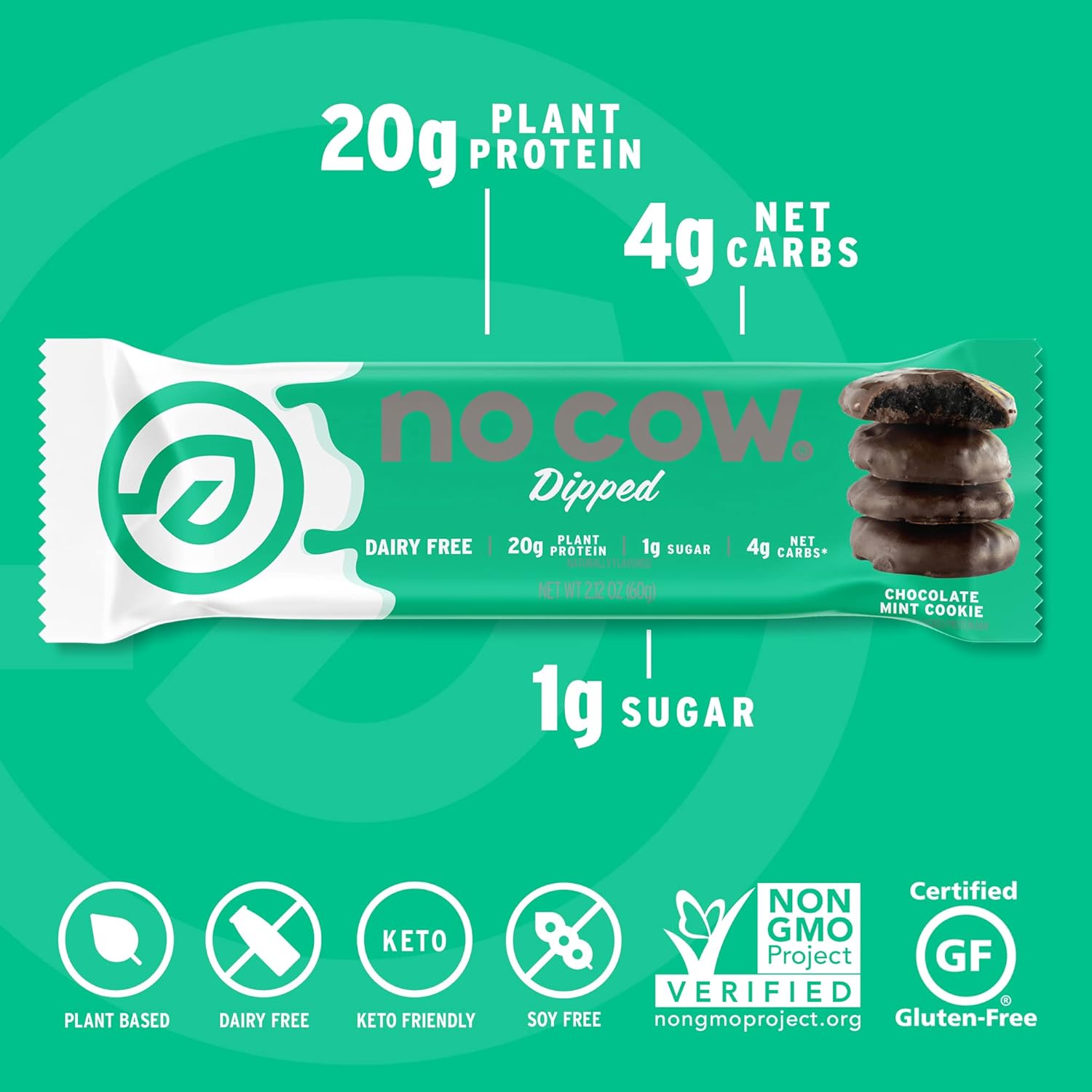 No Cow High Protein Bars, Chocolate Mint Cookie - Healthy Snacks, 20g Vegan Protein, High Fiber, Low Sugar, Keto Friendly, Dairy & Gluten Free (12 Count) : Health & Household