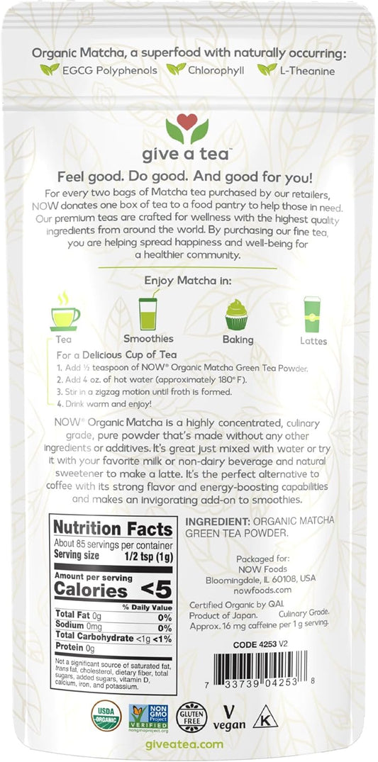 NOW Foods, Certified Organic Matcha Green Tea Powder, Non-GMO Project Verified, 3-