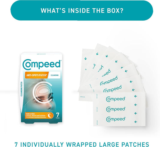Compeed - Anti-Spots Cleansing Patch - Cleanse, Absorb And Exfoliate – Hydrocolloid Spots Patches, Pimple Patches - Ideal For Overnight Use – For Large Blemish-Prone Areas - 7 Patches