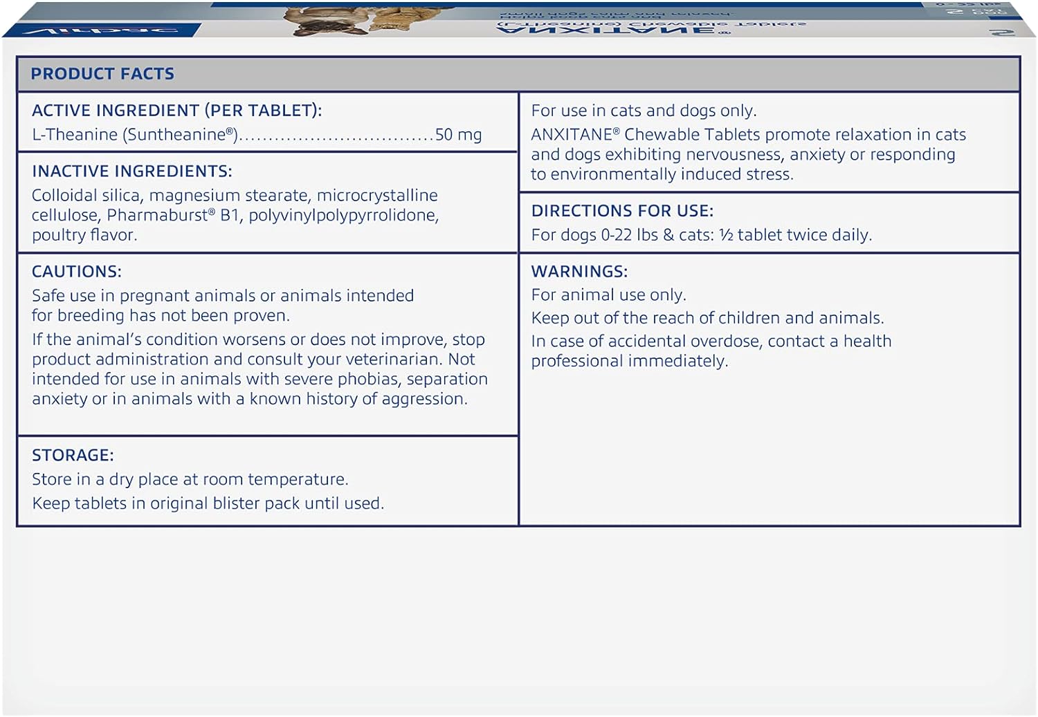 Virbac Anxitane Tablets, Small Dog/Cat, 50mg, 30 Count : Virbac Animal Health: Health & Household