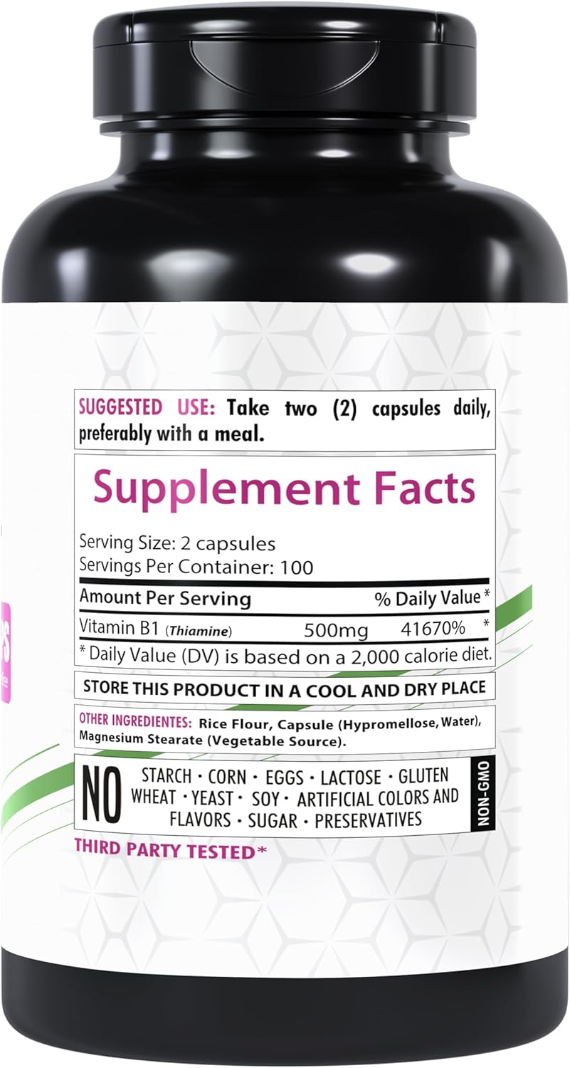 Healthfare Vitamin B1 500Mg | 200 Veg Capsules | Thiamine Supplement | Supports Overall Health | Non-Gmo | Gluten-Free : Health & Household