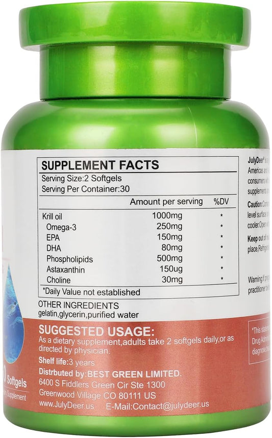 2 Bottles Antarctic Krill Oil 1000 Mg With Omega-3S Epa, Dha, Astaxanthin And Phospholipids 60 Softgels Supplement No Fishy Aftertaste For Joint, Heart, Brain And Immunity - 120 Softgels