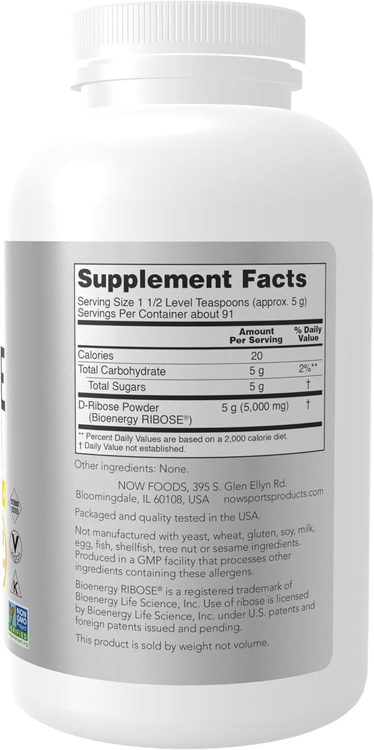 Now Sports Nutrition, D-Ribose Powder 5000 Mg, Certified Non-Gmo, Energy Production*, 16-Ounce