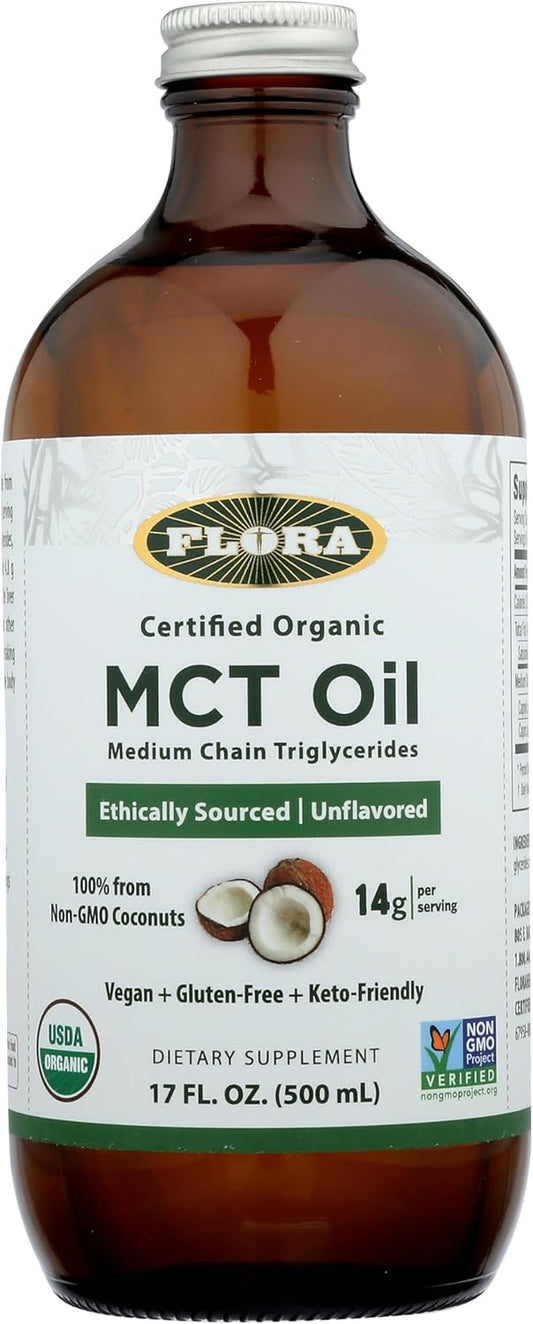 Flora Health Mct Oil Organic Energy Boost, C8 Caprylic & C10 Capric Acids, Keto, Kosher, Non-Gmo Verified, 100% From Ethically And Sustainably Sourced Coconuts, 17 Fl Oz Liquid, Glass Bottle